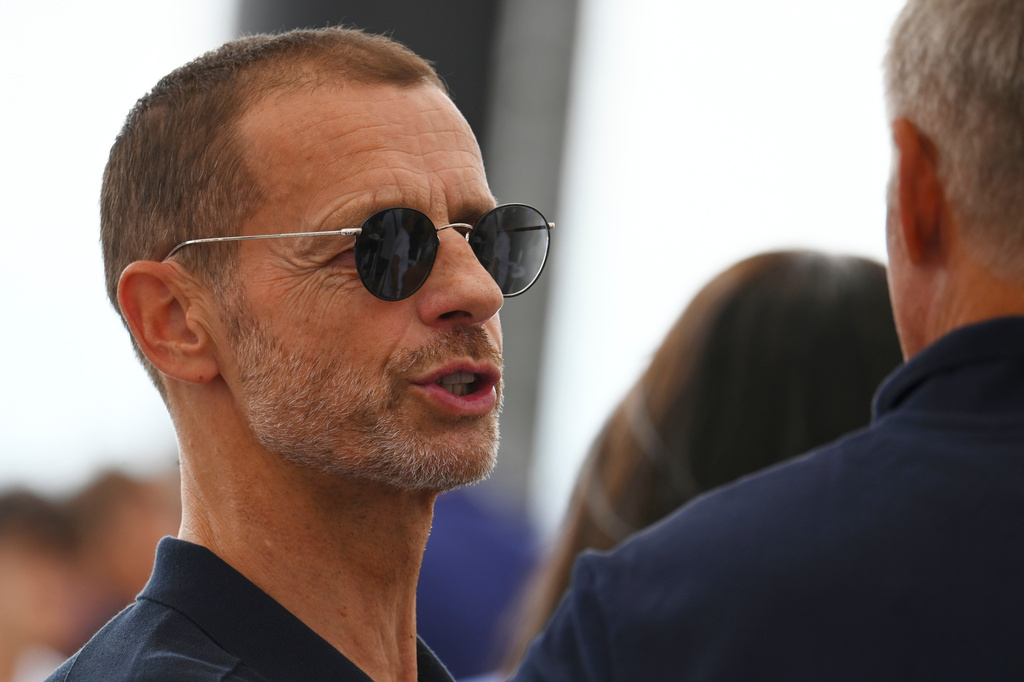 UEFA president Aleksander Ceferin attends an event with school children following a UEFA Executive Committee meeting in Thessaloniki, northern Greece, Tuesday, Sept. 15, 2026. (AP Photo/Giannis Papanikos)
