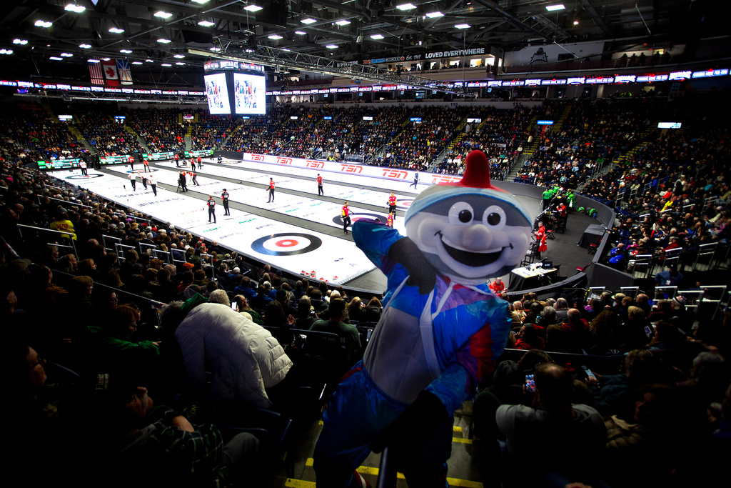 Slider, the official mascot of the tournament, interacts in the crowd during Draw 5 at the Brier curling event in St. John's, Newfoundland and Labrador, Sunday, March 1, 2026. (Paul Daly/The Canadian Press via AP)