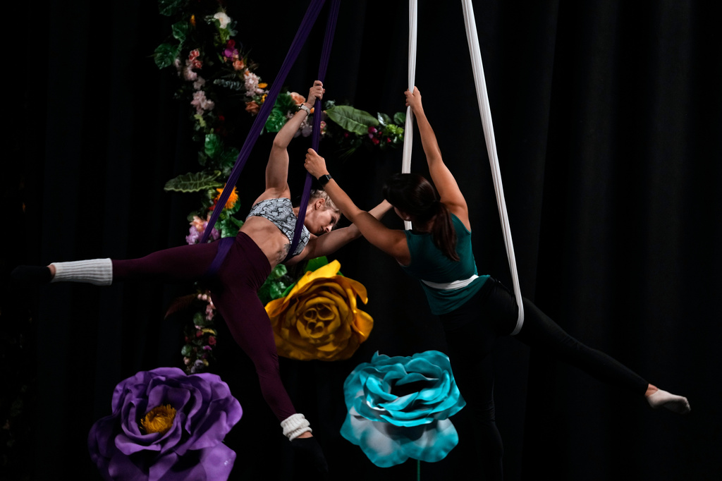 Cast members rehearse at The Cirk, a professional circus company in Johannesburg, Thursday, Aug. 27, 2026. (AP Photo/Themba Hadebe)