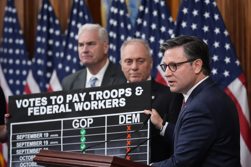 From left, House Majority Whip Tom Emmer, R-Minn., House Majority Leader Steve Scalise, R-La., and Speaker of the House Mike Johnson, R-La., talk to reporters as a government shutdown begins its tenth day, in Washington, Friday, Oct. 10, 2025. (AP Photo/J. Scott Applewhite) From left, House Majority Whip Tom Emmer, R-Minn., House Majority Leader Steve Scalise, R-La., and Speaker of the House Mike Johnson, R-La., talk to reporters as a government shutdown begins its tenth day, in Washington, Friday, Oct. 10, 2025. (AP Photo/J. Scott Applewhite)