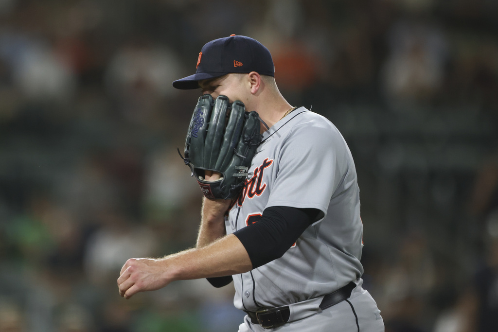 Detroit Tigers starting pitcher Tarik Skubal reacts after the final out of the bottom of the sixth inning of a baseball game against the Athletics, Monday, Aug. 25, 2025, in West Sacramento, Calif. (AP Photo/Scott Marshall)