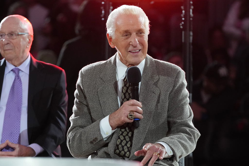Former Miami Heat head coach Pat Riley recalls the 2006 season when the team won the NBA championship during a half time celebration Tuesday, Feb. 3, 2026, in Miami. (AP Photo/Marta Lavandier)