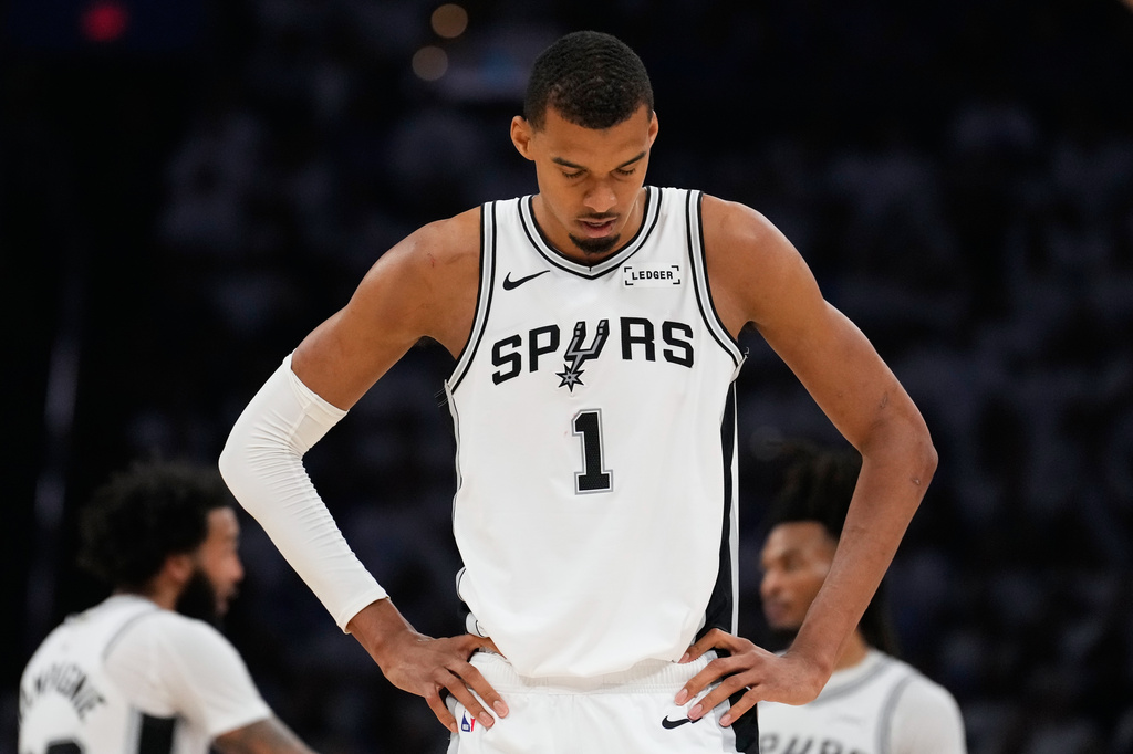 San Antonio Spurs forward Victor Wembanyama stands on the court during the second half of Game 2 in the Western Conference finals NBA basketball playoffs series against the Oklahoma City Thunder Wednesday, May 20, 2026, in Oklahoma City. (AP Photo/Tony Gutierrez)
