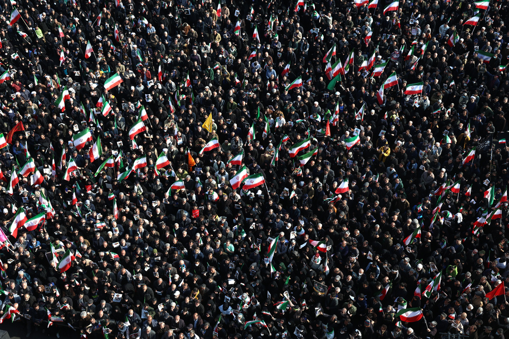 People gather in a rally to support Ayatollah Mojtaba Khamenei, the successor to his late father Ayatollah Ali Khamenei as supreme leader, in Tehran, Iran, Monday, March 9, 2026. (AP Photo/Vahid Salemi)