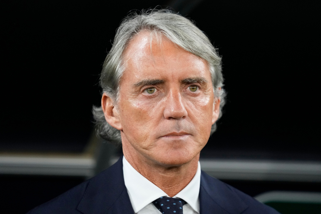 FILE - Saudi Arabia's head coach Roberto Mancini stands for the national anthems ahead of the Asian Cup Group F soccer match between Saudi Arabia and Thailand at Education City Stadium, in Al Rayyan, Qatar, Thursday, Jan. 25, 2024. (AP Photo/Aijaz Rahi, file)