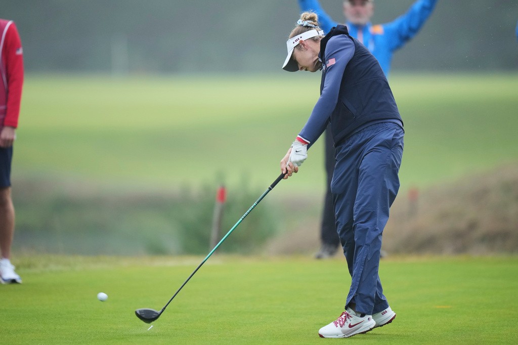 Nelly Korda of the United States hits off the second tee during the Solheim Cup at the Bernardus Golf course in Den Bosch, Netherlands, Saturday, Sept. 12, 2026. (AP Photo/Alastair Grant)
