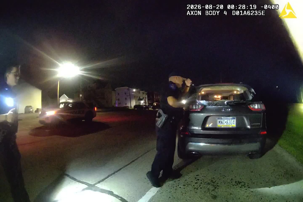 Police body cam footage released by the California Borough Police Department in Washington County, Pennsylvania shows the moment officers discovered the body of a college student in a vehicle in Washington County, Pa. on Thursday, Aug. 20, 2026. (California Borough Police Department via AP)
