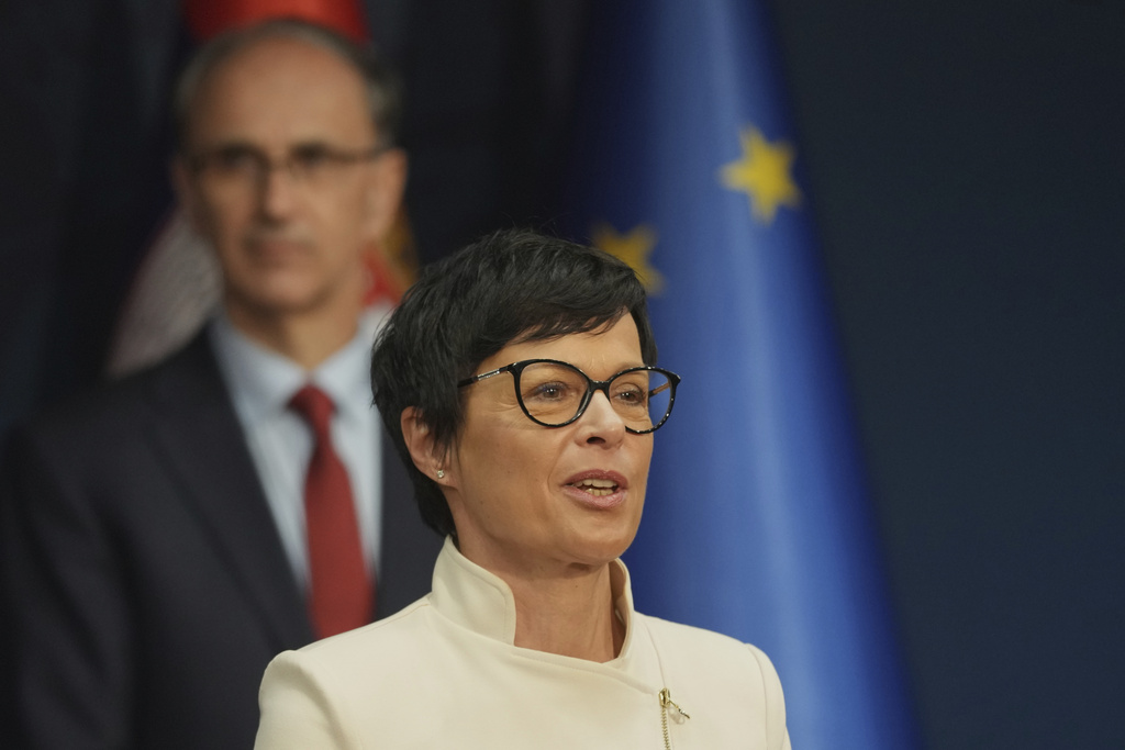 Commissioner for enlargement of the European Commission Marta Kos speaks during a press conference after talks with Serbia's Prime Minister Djuro Macut in Belgrade, Serbia, Tuesday, April 29, 2025. (AP Photo/Darko Vojinovic)