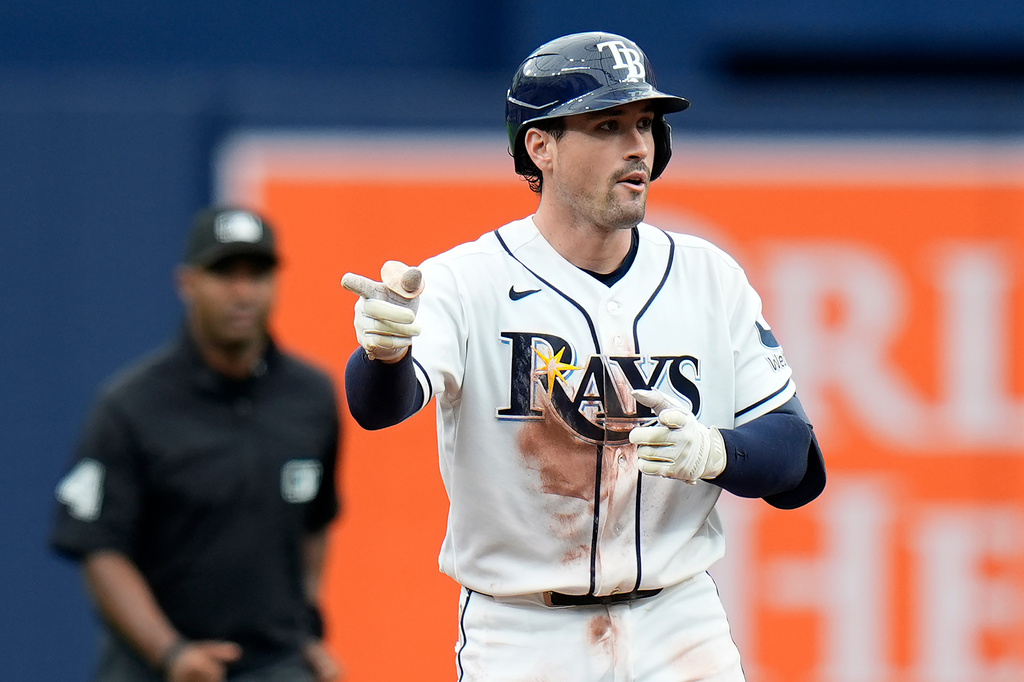 Tampa Bay Rays' Nick Fortes celebrates after hitting a double off Boston Red Sox pitcher Jake Bennett during the fifth inning of a baseball game Wednesday, June 10, 2026, in St. Petersburg, Fla. (AP Photo/Chris O'Meara)
