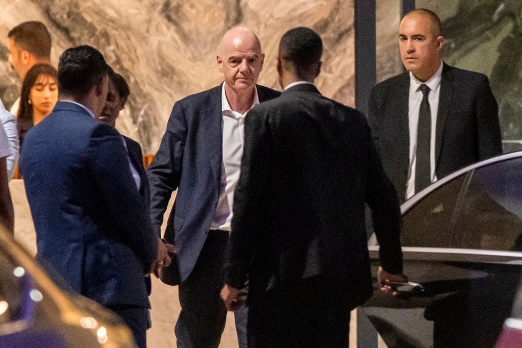 FIFA president Gianni Infantino leaves after attending a Women AFCON 2026 soccer match between Malawi and Zambia, in Rabat, Morocco, Wednesday, Aug. 5, 2026. (AP Photo)