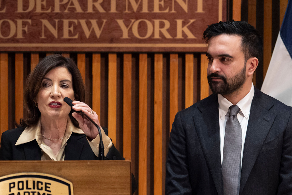 FILE - New York Governor Kathy Hochul speaks during a press conference with New York Mayor Zohran Mamdani and NYPD Commissioner Jessica Tisch, Tuesday, Jan. 6, 2026, in New York. (AP Photo/Yuki Iwamura, File)