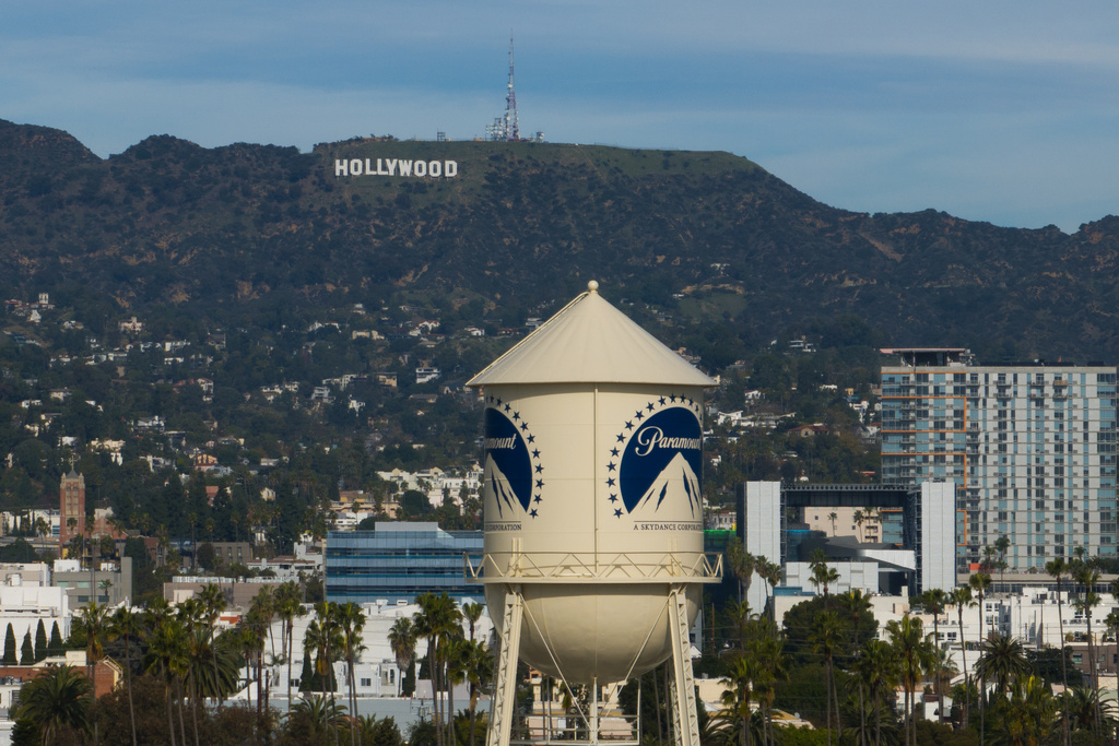 The Paramount Pictures water tower is seen in Los Angeles, Thursday, Dec. 18, 2025, with the Hollywood sign in the distance. (AP Photo/Jae C. Hong)