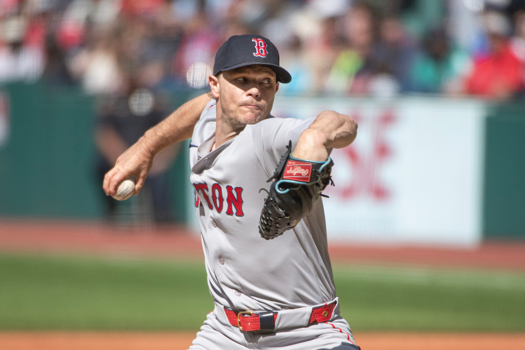 Boston Red Sox starting pitcher Sonny Gray delivers against the Cleveland Guardians during the first inning of a baseball game, Saturday, May 30, 2026, in Cleveland. (AP Photo/Phil Long)