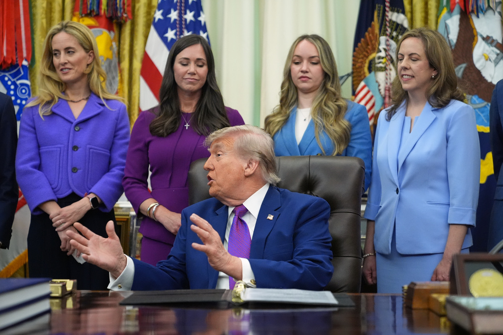 President Donald Trump speaks to reporters at an event about maternal healthcare, Monday, May 11, 2026, in the Oval Office of the White House, in Washington. (AP Photo/Jacquelyn Martin)