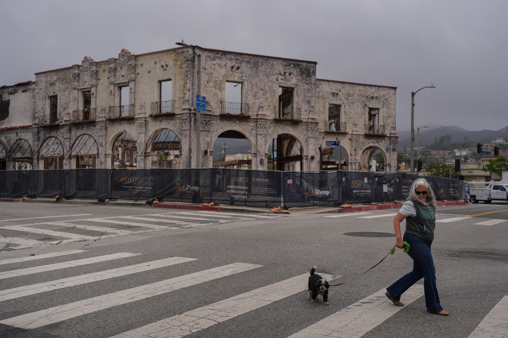 D. Berryman walks her dog, Tiny Dancer, past a fire-damaged building more than a year after the Palisades Fire in the Pacific Palisades neighborhood of Los Angeles, Thursday, June 4, 2026. (AP Photo/Jae C. Hong)