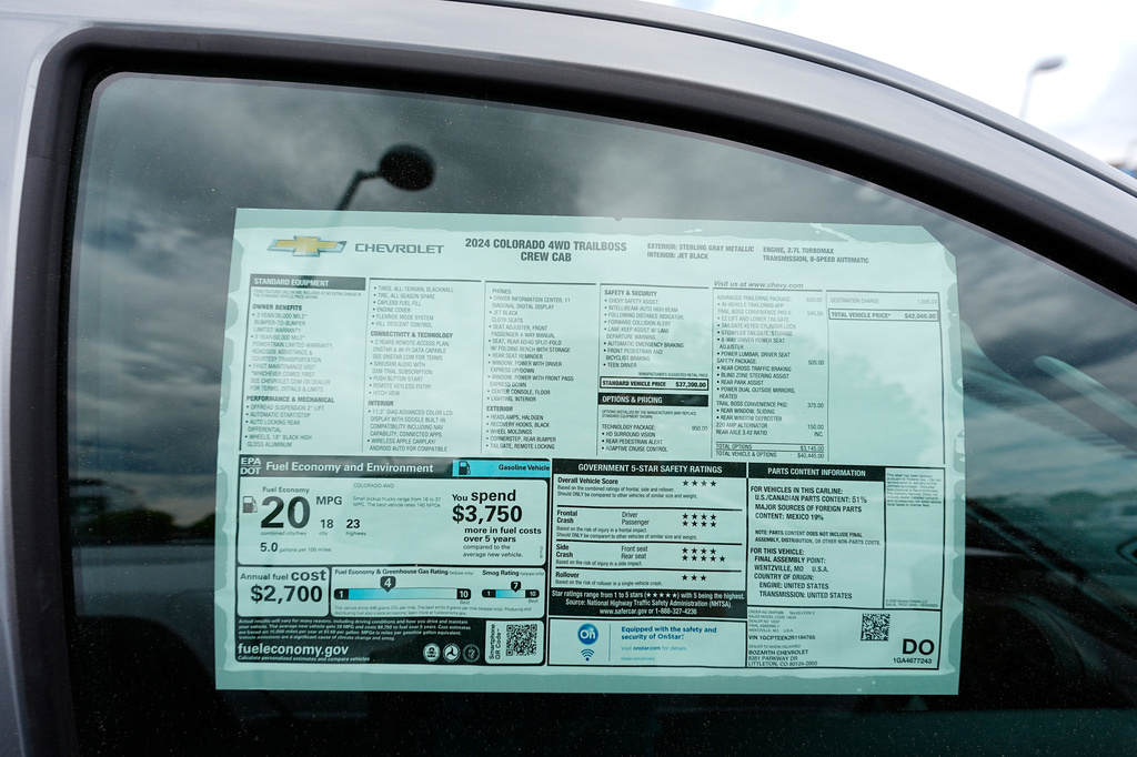 FILE - A sticker shows the price for an unsold 2024 Colorado pickup truck at a Chevrolet dealership Sunday, June 2, 2024, in Lone Tree, Colo. (AP Photo/David Zalubowski, File)
