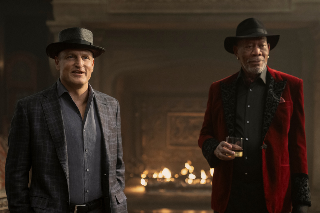 This image released by Lionsgate shows Woody Harrelson, left, and Morgan Freeman in a scene from "Now You See Me: Now You Don't." (Katalin Vermes/Lionsgate via AP)