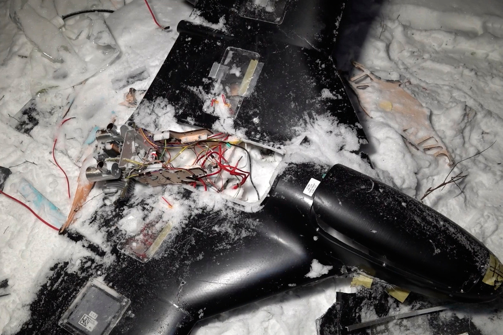 This image made from undated video provided by the Russian Defense Ministry Press Service on Wednesday, Dec. 31, 2025, shows a downed drone at an undisclosed location that it said was one of the Ukrainian drones involved in an alleged attack on a residence of President Vladimir Putin this week – a claim Kyiv has denied as a "lie". (Russian Defense Ministry Press Service via AP)