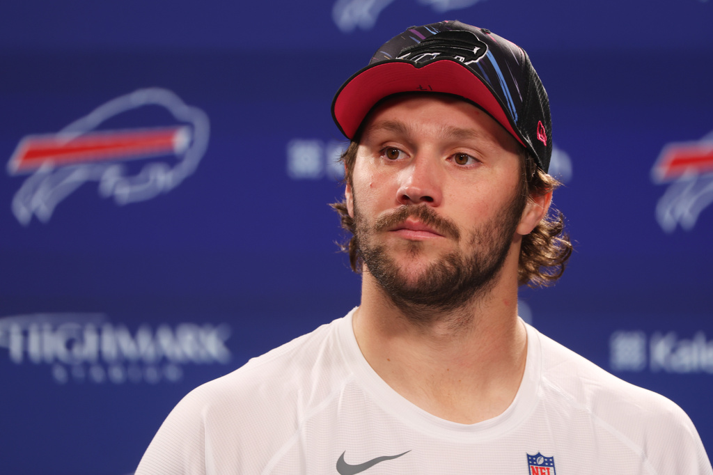 Buffalo Bills quarterback Josh Allen (17) speaks in a press conference after an NFL football game against the New England Patriots in Orchard Park, N.Y., Sunday, Oct. 4, 2026. (AP Photo/Jeffrey T. Barnes)