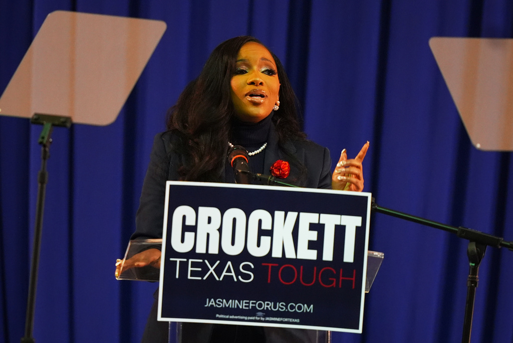 Rep. Jasmine Crockett, D-Texas, speaks to supporters after announcing her run in the Democratic primary for U.S. Senate, Monday, Dec. 8, 2025, in Dallas. (AP Photo/LM Otero)