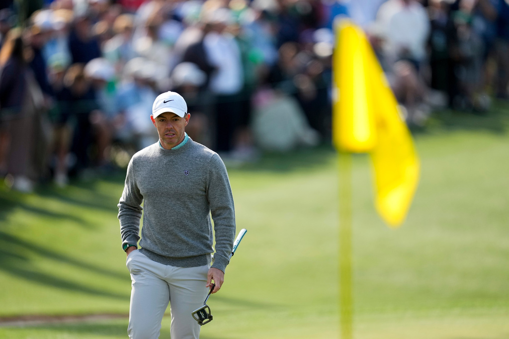 Rory McIlroy, of Northern Ireland, walks to green on the 16th hole during a practice round ahead of the Masters golf tournament at the Augusta National Golf Club, Wednesday, April 8, 2026, in Augusta, Ga. (AP Photo/Ashley Landis)