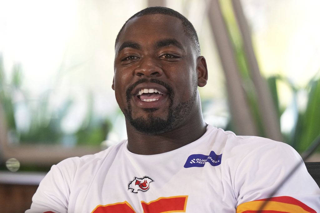 Kansas City Chiefs defensive tackle Chris Jones speaks during a press conference ahead of a NFL football game against Los Angeles Chargers in Sao Paulo, Brazil, Thursday, Sept. 4, 2025. (AP Photo/Fernando Llano)