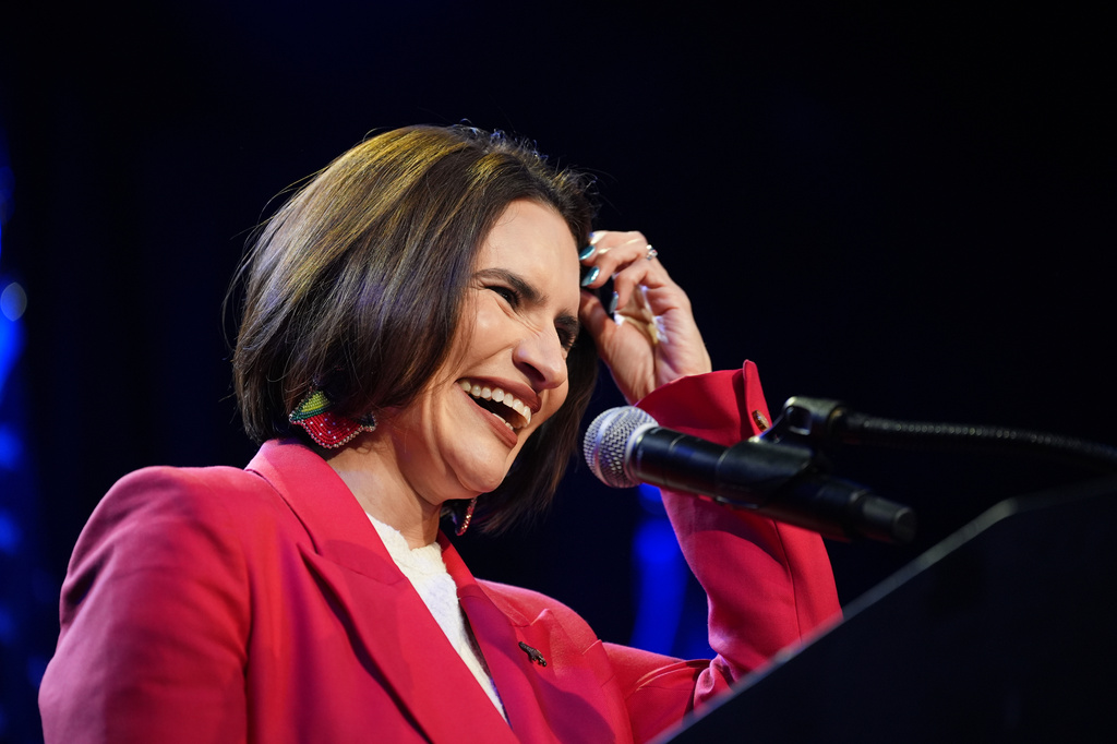 Minnesota Lt. Gov. Peggy Flanagan, a Democratic candidate for U.S. Senate, smiles on stage during an election night watch party on Tuesday, Aug. 11, 2026, in Minneapolis. (AP Photo/Ellen Schmidt)