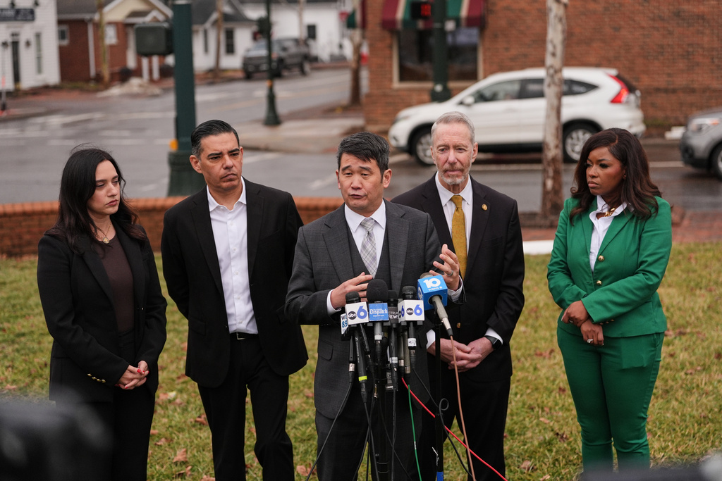 Rep. David Min, D-Calif., speaks during a press conference following the congressional deposition of Les Wexner in the Jeffrey Epstein case, Wednesday, Feb. 18, 2026, in New Albany, Ohio. Behind from left are Reps. Yassamin Ansari, D-Ariz.; Robert Garcia, D-Calif.; Stephen Lynch, D-Mass.; and Jasmine Crockett, D-Texas. (AP Photo/Joshua A. Bickel)