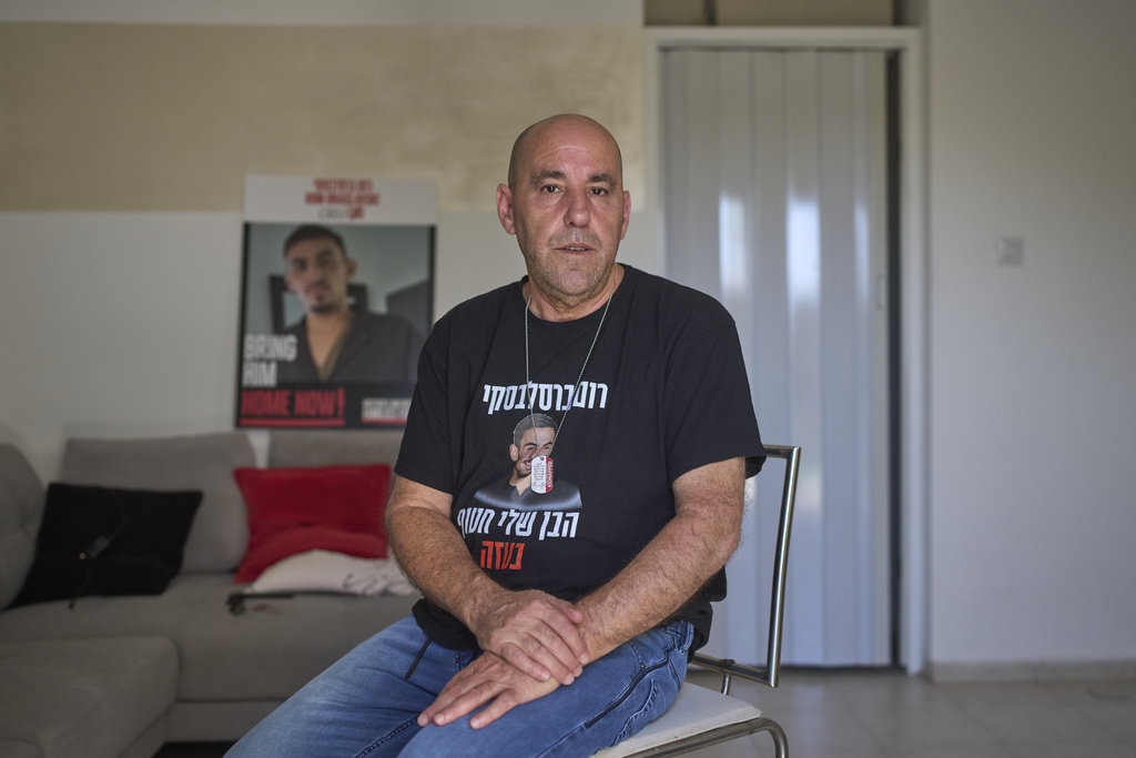 Ofir Braslavski, whose son Rom was abducted by Hamas militants on Oct. 7, 2023, poses for a portrait in Almon an Israeli settlement in the West Bank, Monday, Aug. 04, 2025. (AP Photo/Ohad Zwigenberg)