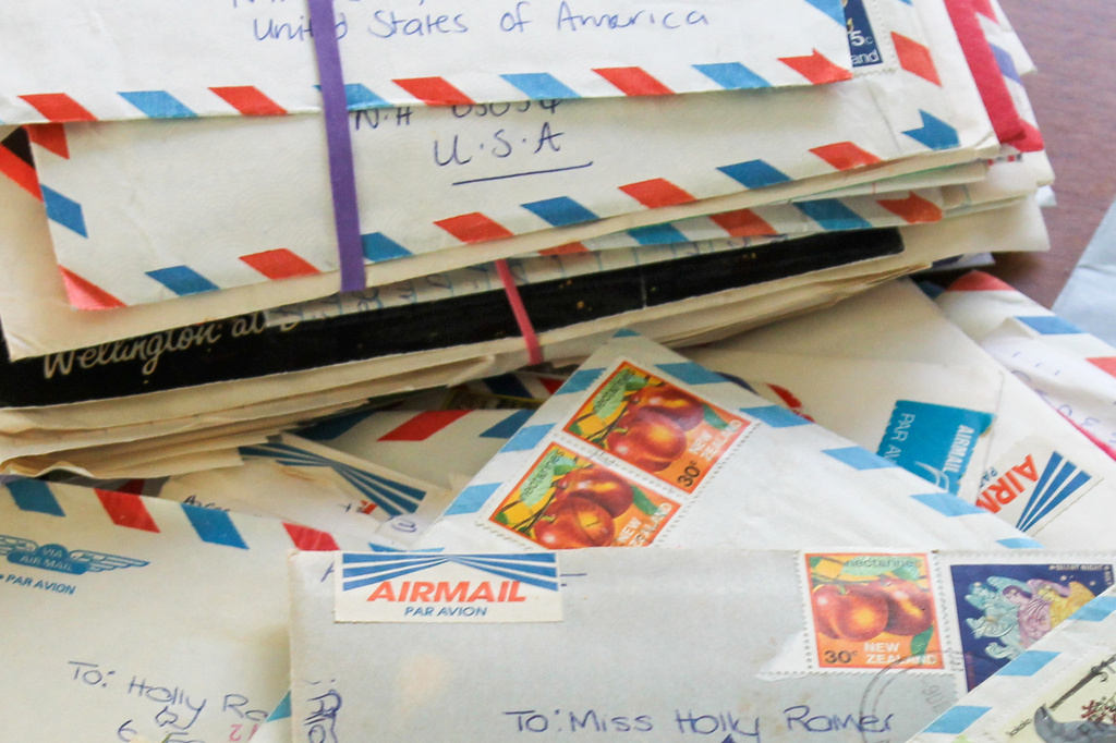 Some of the hundreds of letters AP reporter Holly Ramer has received from her pen pal in New Zealand are displayed in Bow, N.H., Thursday, April 9, 2026. (AP Photo/Holly Ramer)
