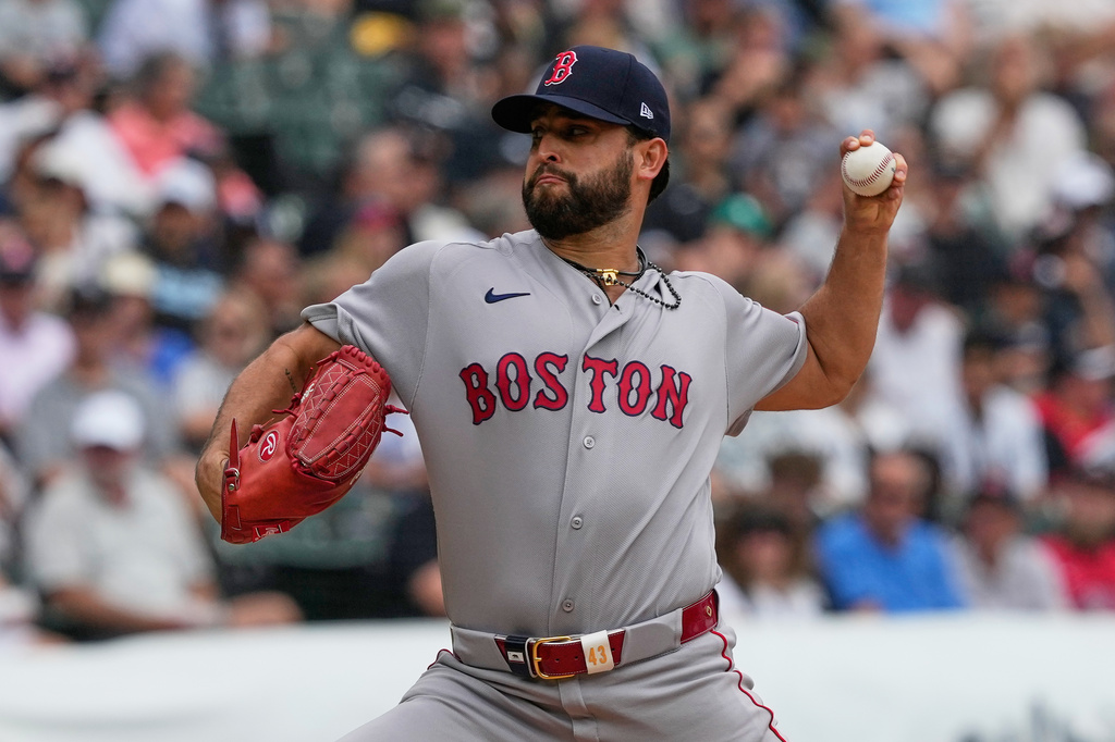 Boston Red Sox starting pitcher Patrick Sandoval throws against the Chicago White Sox during the first inning of a baseball game in Chicago, Thursday, July 9, 2026. (AP Photo/Nam Y. Huh)