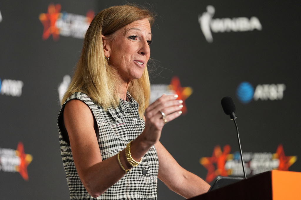 FILE - WNBA Commissioner Cathy Engelbert speaks during a news conference before the WNBA All-Star basketball game, July 19, 2025, in Indianapolis. (AP Photo/Michael Conroy, File)