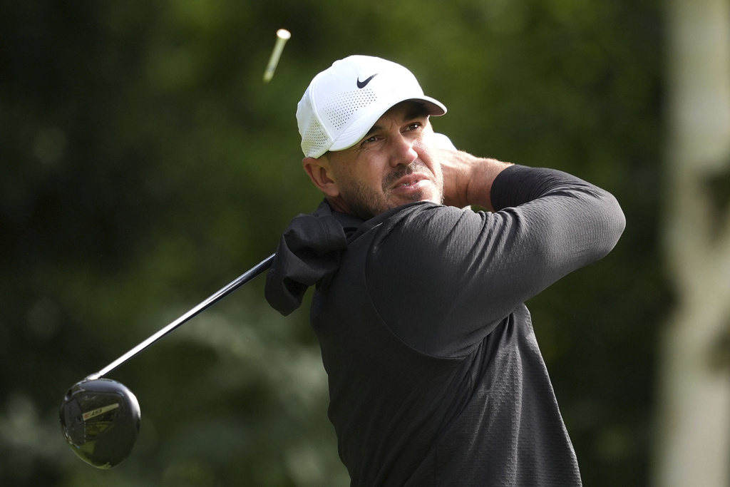 Brooks Koepka, of the United States, tees off the second hole during the second round of the Irish Open golf tournament, Friday, Sept. 5, 2025, at The K Club in Straffan, Ireland. (Brian Lawless/PA via AP)