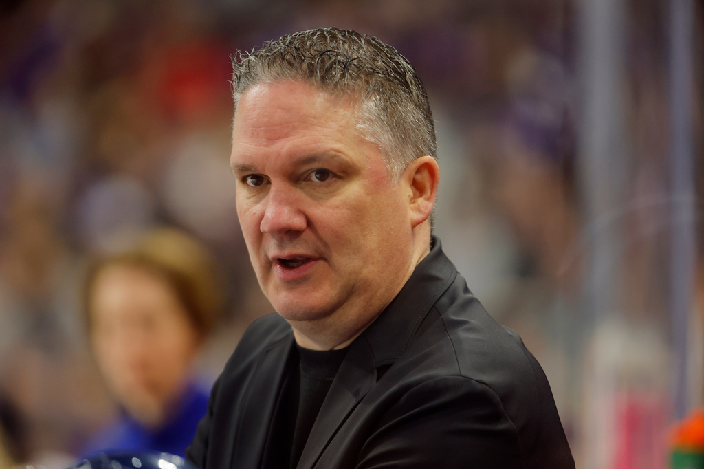 FILE - Toronto Sceptres head coach Troy Ryan directs his team as they play the Minnesota Frost in the first period of a PWHL hockey playoff game, May 11, 2025, in St. Paul, Minn. (AP Photo/Bruce Kluckhohn, File)