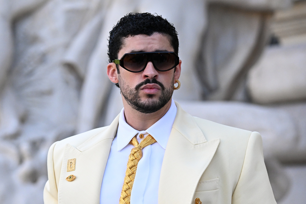 Bad Bunny arrives for the Schiaparelli Haute Couture Fall/Winter 2026-2027 Women's collection presented in Paris, Monday, July 6, 2026. (AP Photo/Emma Da Silva)