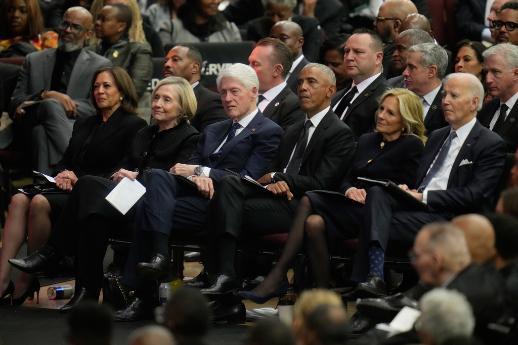 From left, Former Vice President Kamala Harris, former Secretary of State Hillary Clinton, former President Bill Clinton, former President Barack Obama, Jill Biden, and former President Joe Biden attend the Public Homegoing Service for the Rev. Jesse Jackson at the House of Hope in Chicago, Friday, March 6, 2026. (AP Photo/Erin Hooley)