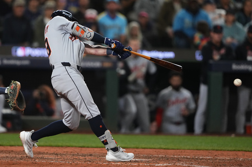 Detroit Tigers' Zach McKinstry hits a single to score Spencer Torkelson for the go-ahead run during the 11th inning in Game 1 of baseball's American League Division Series against the Seattle Mariners, Saturday, Oct. 4, 2025, in Seattle. (AP Photo/Lindsey Wasson) Detroit Tigers' Zach McKinstry hits a single to score Spencer Torkelson for the go-ahead run during the 11th inning in Game 1 of baseball's American League Division Series against the Seattle Mariners, Saturday, Oct. 4, 2025, in Seattle. (AP Photo/Lindsey Wasson)