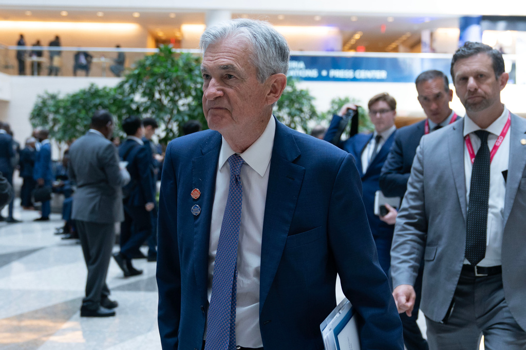 Federal Reserve Board Chairman Jerome Powell leaves after the International Monetary and Financial Committee (IMFC) meeting during the World Bank/IMF spring meetings at the IMF headquarters in Washington, Friday, April 17, 2026. (AP Photo/Jose Luis Magana)
