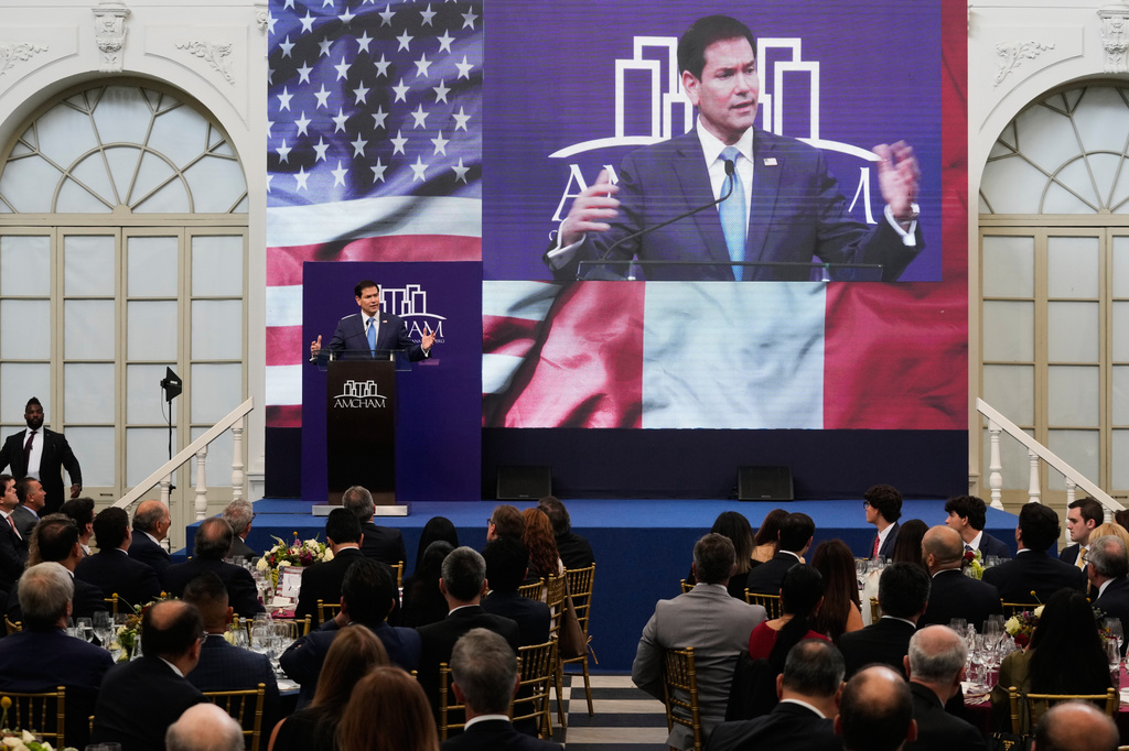 U.S. Secretary of State Marco Rubio talks at the American Chamber of Commerce of Peru in Lima, Peru, Thursday, Sept. 10, 2026. (AP Photo/Martin Mejia, Pool)