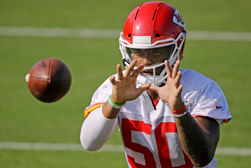 FILE - Kansas City Chiefs inside linebacker Darron Lee takes part in a drill at NFL football training camp, July 27, 2019, in St. Joseph, Mo. (AP Photo/Charlie Riedel, File)