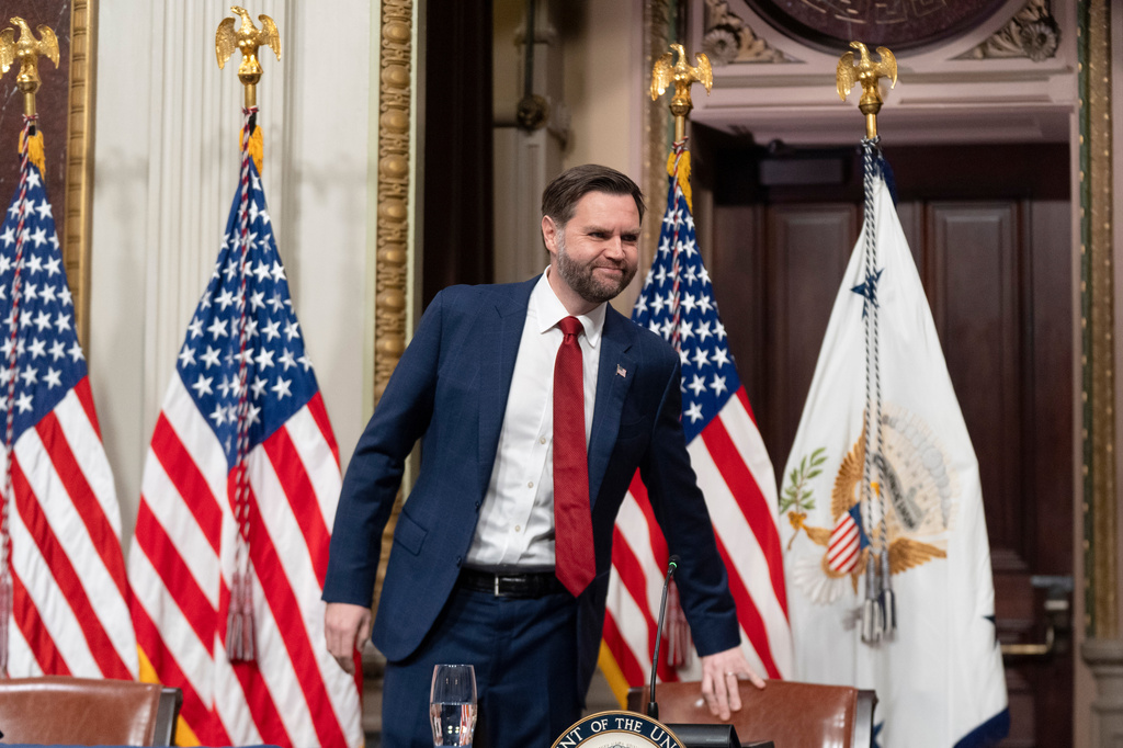 Vice President JD Vance, chair of the newly formed Task Force to Eliminate Fraud, arrives for the task force's first meeting in the Indian Treaty Room at the Eisenhower Executive Office Building on the White House complex in Washington, Friday, March 27, 2026. (AP Photo/Manuel Balce Ceneta)