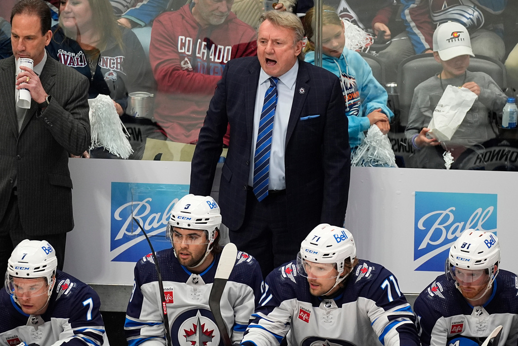 FILE - Winnipeg Jets head coach Rick Bowness yells during the first period of Game 4 of an NHL Stanley Cup first-round playoff series April 28, 2024, in Denver. (AP Photo/David Zalubowski, File)