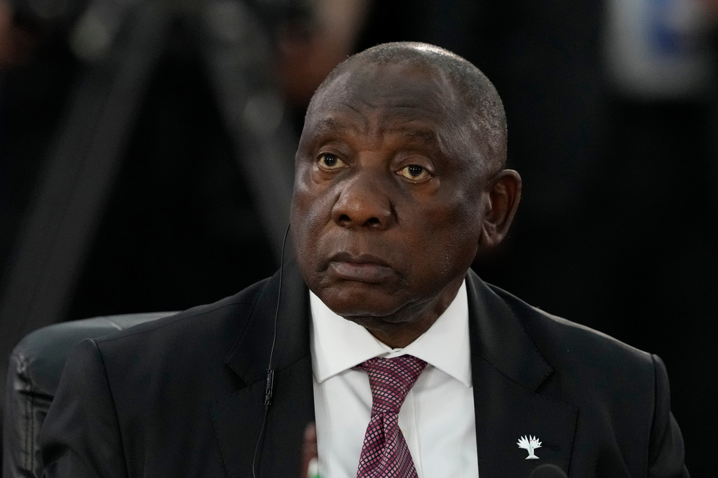 FILE - South Africa's President Cyril Ramaphosa attends the 17th annual BRICS summit in Rio de Janeiro, July 6, 2025. (AP Photo/Eraldo Peres, File)