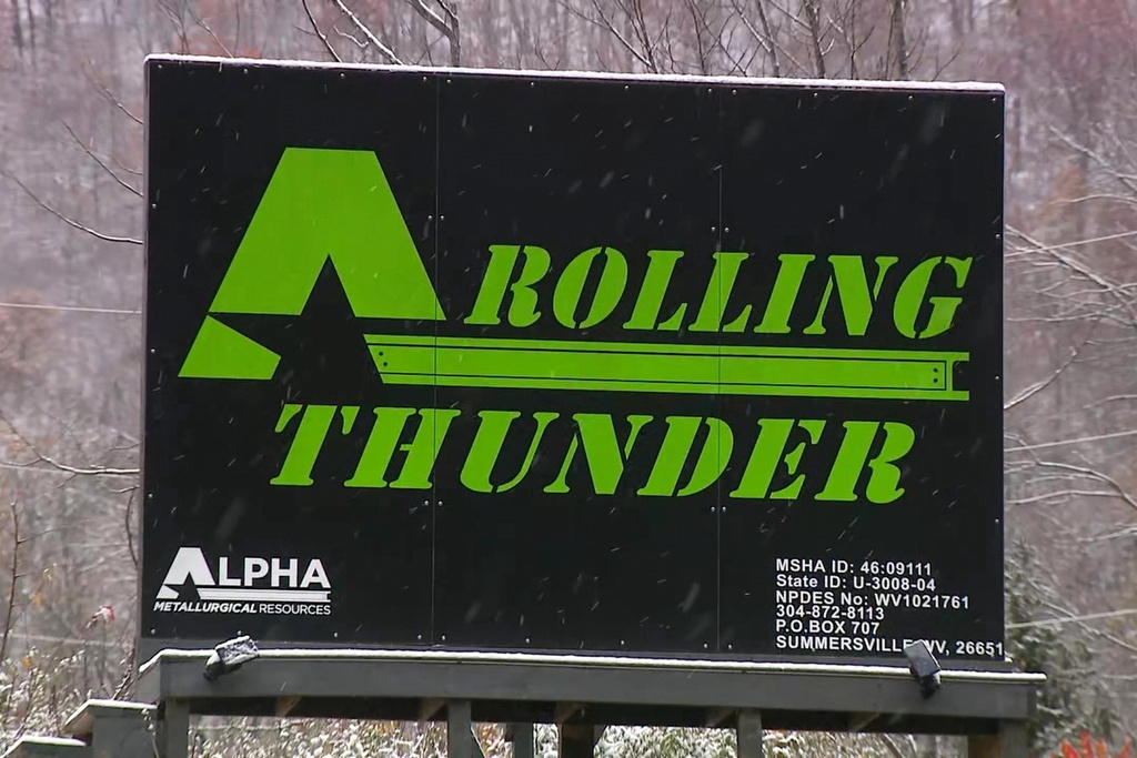 In this image taken from a video provided by WCHS, a sign for the Rolling Thunder mine is seen near Drennen, W.Va., Sunday, Nov. 9, 2025. (WCHS via AP)