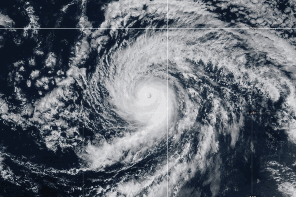 This GOES-West GeoColor satellite image taken Saturday, Sept. 6, 2025, at 2 p.m. EDT and provided by NOAA, shows Hurricane Kiko churning over open waters in the Pacific Ocean. (NOAA via AP)