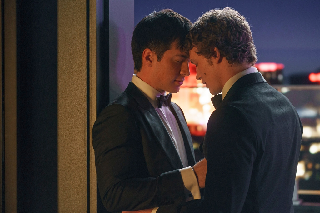 This image released by HBO Max shows Hudson Williams, left, and Connor Storrie in a scene from the series "Heated Rivalry." (Sabrina Lantos/HBO Max via AP)