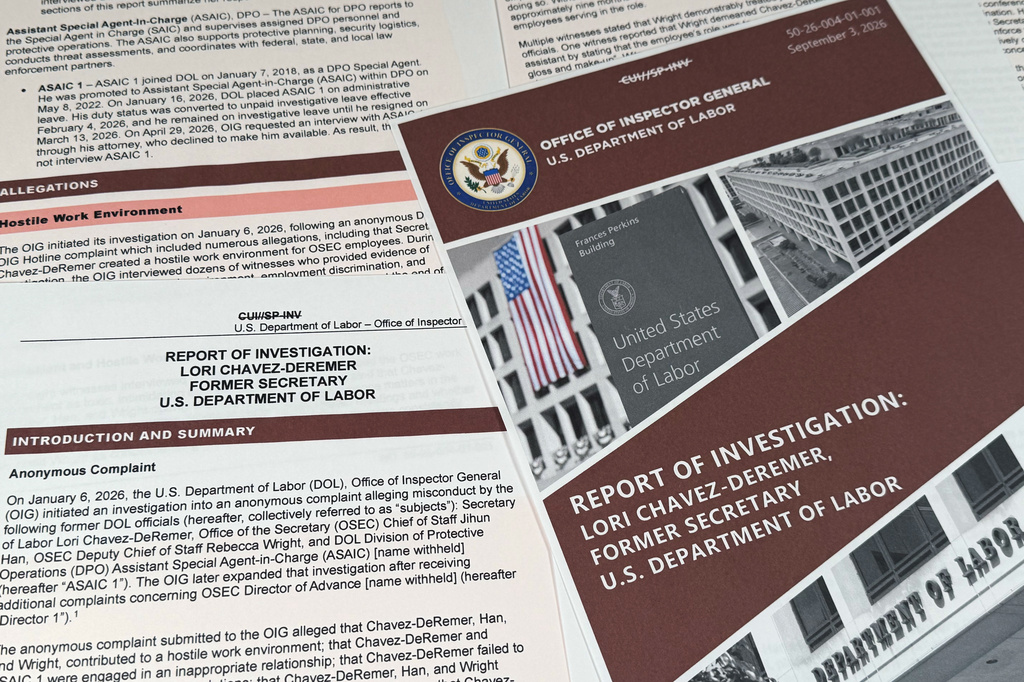 The report from the Office of Inspector General at the Labor Department regarding former Labor Secretary Lori Chavez-DeRemer is photographed Friday, Sept. 4, 2026. (AP Photo/Jon Elswick)