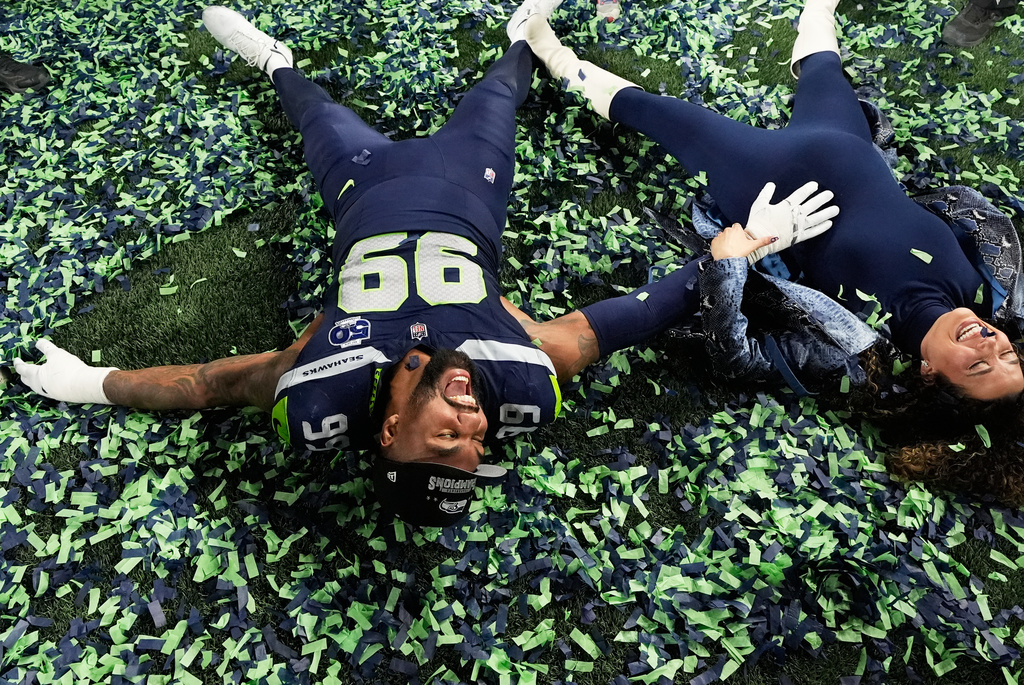 FILE - Seattle Seahawks defensive tackle Leonard Williams (99) celebrates after a win over the Los Angeles Rams in the NFC Championship NFL football game Sunday, Jan. 25, 2026, in Seattle. (AP Photo/Godofredo A. Vásquez, File)