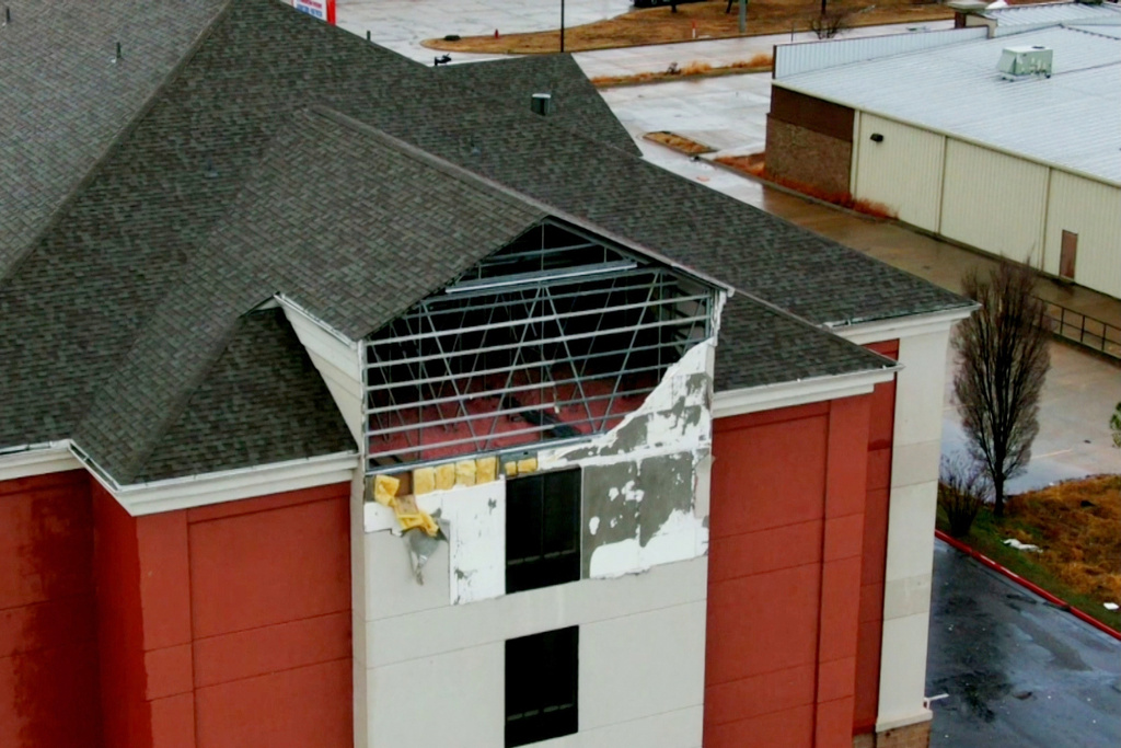Damage to a hotel in Shawnee, Okla., on Thursday, Jan. 8, 2026, after severe storms came through the state. (KFOR via AP)
