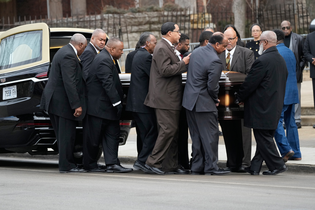 The casket for Reverend Jesse Jackson arrives for public visitation at Rainbow/PUSH Coalition in Chicago, Friday, Feb. 27, 2026. (AP Photo/Nam Y. Huh)
